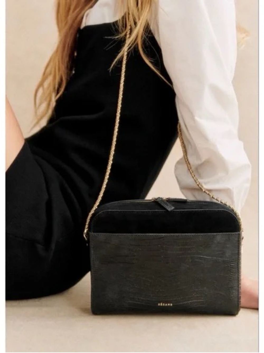 Sezane Abel Black Leather Suede Crossbody Bag with Gold Chain -
